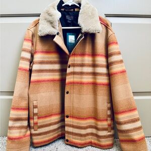 New Mens Pendleton Silverton Shearling Wool Coat Jacket Ralston Stripe XL Sunset